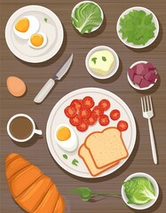 Morning breakfast ingredients for sandwich laying on kitchen table concept. Vector flat cartoon graphic design illustration