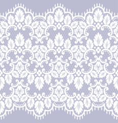 A delicate lace pattern in white against a soft lavender background, ideal for fabric design or decorative purposes.