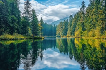 Quiet Forest Lake with a Mirror-Like Reflection of Trees and Sky