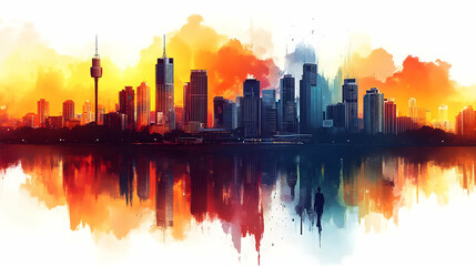Fototapeta premium A watercolor painting of a city skyline with a reflection in the water.