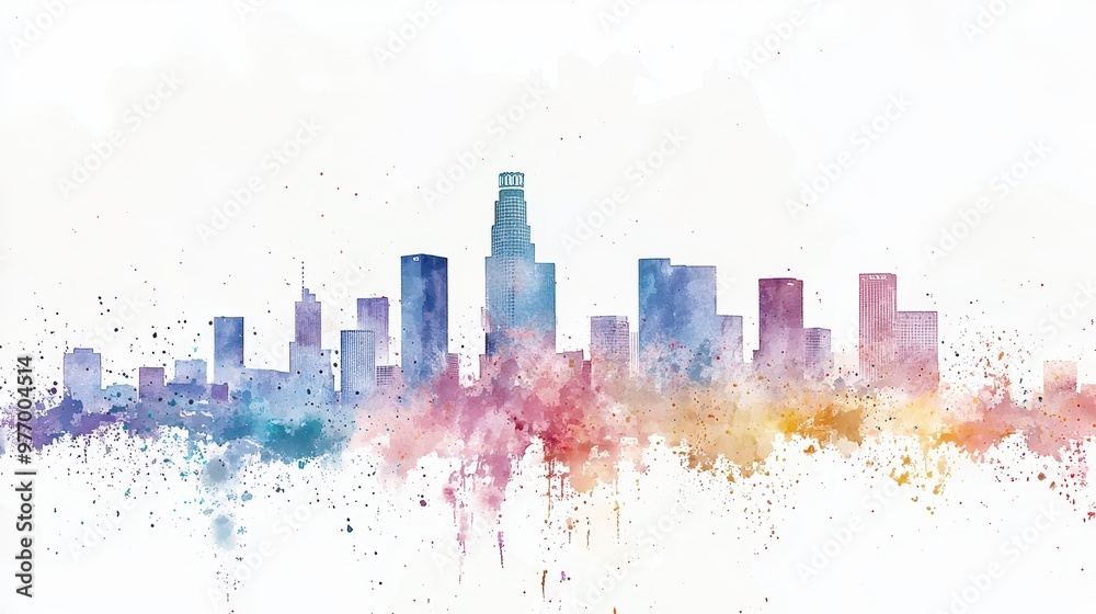 Sticker Watercolor Skyline of Modern City with Splashes