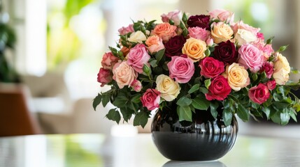 A beautifully arranged floral centerpiece featuring a mix of roses in various colors, set on a dining table with a clean, elegant background.