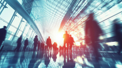 image captures silhouettes of business people moving quickly through modern, glass structured environment, creating dynamic and energetic atmosphere