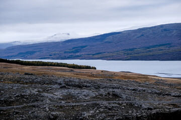 Views of the Logurinn river from the mountains, on an autumn day, with snowy forests and meadows, near the Litlanesfoss waterfall, in Iceland