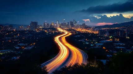 Fototapeta premium A winding highway with streaks of light leads to a modern cityscape at dusk.