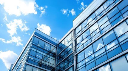 Obraz premium Modern Office Building Facade with Blue Sky and Clouds Reflection