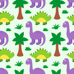 Seamless Pattern with Cute babies dinosaurs. Hand drawn brontosaurus and stegosaurus. Flat cartoon vector illustration. © Darinov Art