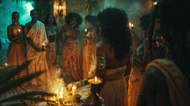 Group of women in traditional clothing performing candlelit voodoo ceremony. Spiritual gathering with ornate dresses and jewelry. Mystical ritual scene with caribbean atmospheric lighting and smoke