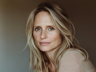 Fototapeta premium Natural Portrait of a Confident Woman with Blonde Hair in Minimalist Lighting, Expressing Strength and Simplicity