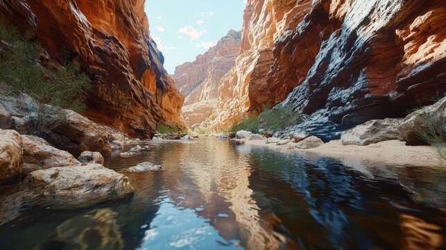 Serene river flowing through majestic canyon with towering rocks and cliffs
