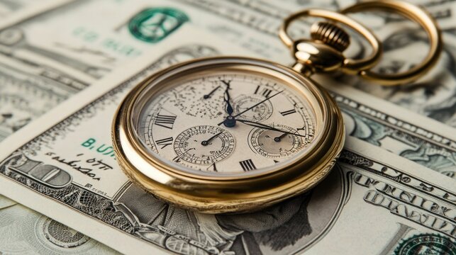 Time is Money: Pocket Watch on Dollar Bills - Powered by Adobe
