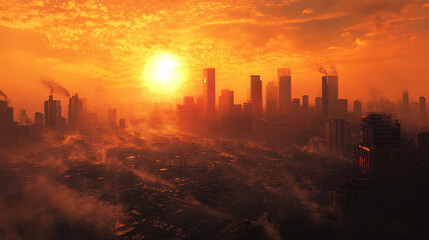 A depiction of the effects of climate change on urban areas with increased frequency of heatwaves and smog.