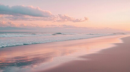 Fototapeta premium Tranquil Beach at Dawn with Soft Pastel Skies and Reflection in the Water