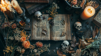 Mystical still life with antique book, skulls, and autumn flowers. Occult scene with candles, dried leaves, and vintage tomes. Atmospheric Halloween setting with esoteric symbols
