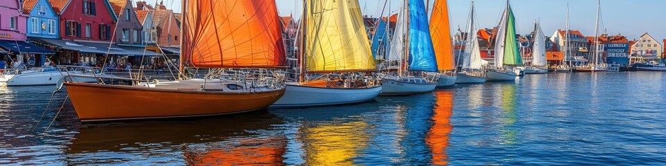 Naklejka premium Colorful sailboats moored by bustling waterfront with quaint seaside shops in background