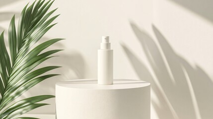 A white bottle on a white cylinder with leaves casting shadows.