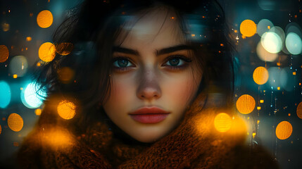 A young woman with blue eyes gazes intently at the camera through a window, with a soft focus on the city lights and rain outside.