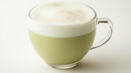 Obraz premium A cup of vanilla green tea latte with a frothy top, presented on a clean white background.
