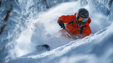 Skier skiing downhill in high mountains during sunny day.