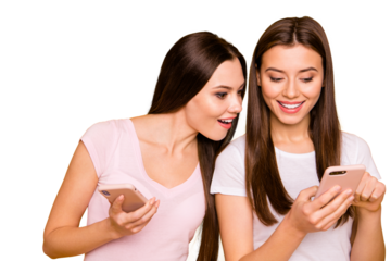 Close-up portrait of nice-looking cute charming lovely sweet winsome attractive amazed cheerful straight-haired girls reading blog post smm isolated over bright vivid shine background