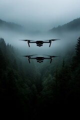 Fototapeta premium A drone swarm flying over a forest, monitoring environmental changes in real-time, highlighting the role of autonomous technology in environmental conservation