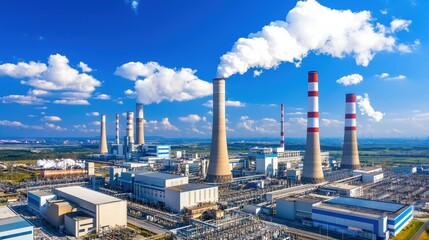 Obraz premium Aerial View of Industrial Power Plant with Smoke Stacks and Cooling Towers