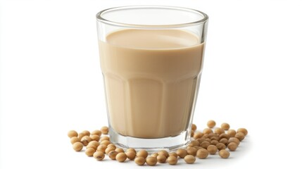 A glass of vanilla soy milk, isolated on a white background with soybeans scattered around.
