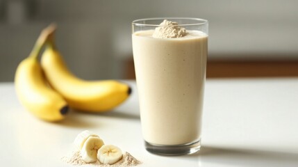 A glass of vanilla protein smoothie with a banana and scoop of protein powder, served on a white surface.
