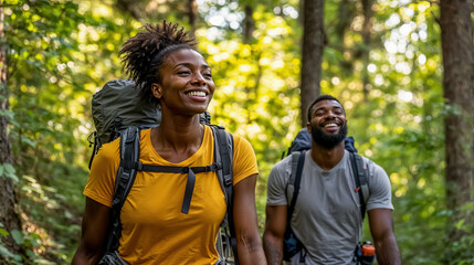 un couple de randonneurs afro se promènent dans la forêt en souriant