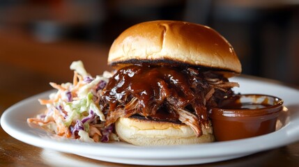 A beautifully plated dish of pulled pork served on a bun with coleslaw and barbecue sauce, showcasing a mouthwatering combination of flavors and textures