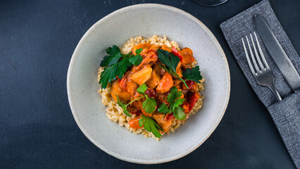 Italian risotto with pumpkin, tomatoes, peppers and parsley.