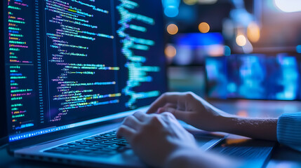 person typing on a laptop with computer code and programming language displayed on the screen hands in close up working in an office or home at night