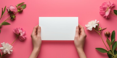 Obraz premium Hands Holding Blank White Paper with Blossom Branches on Pink Background for Creative Display