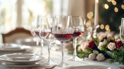A beautifully set dining table with crystal-clear wine glasses filled with red wine, reflecting ambient light and adding sophistication to the elegant setting.