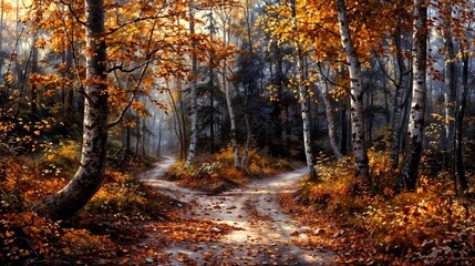 Obraz premium Fork in an autumn forest path surrounded by colorful foliage and soft sunlight