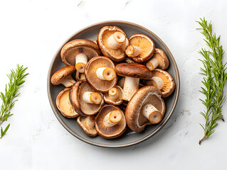 Fototapeta premium Fresh Brown Mushrooms in a Ceramic Bowl with Parsley on a Light Background