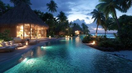 Tropical Resort Pool with Ocean View at Dusk