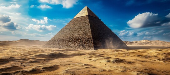 A majestic pyramid stands tall against a vibrant blue sky, surrounded by a vast, sandy desert.