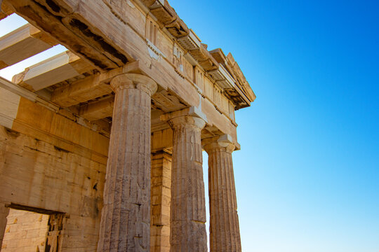 Columns of the Parthenon temple, an ancient greek temple on the Athenian Acropolis, Greece, that was dedicated to the goddess Athena.