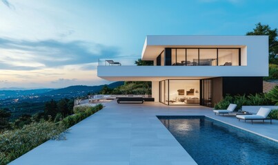 Fototapeta premium A 3D rendering of an evening view of a modern house by the river