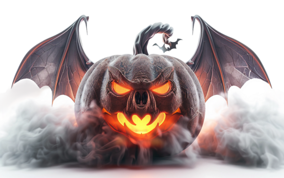 Spooky 4D Halloween Pumpkin with a Carved Vampire Bat Face and Eerie Atmosphere Isolated on Transparent Background PNG.