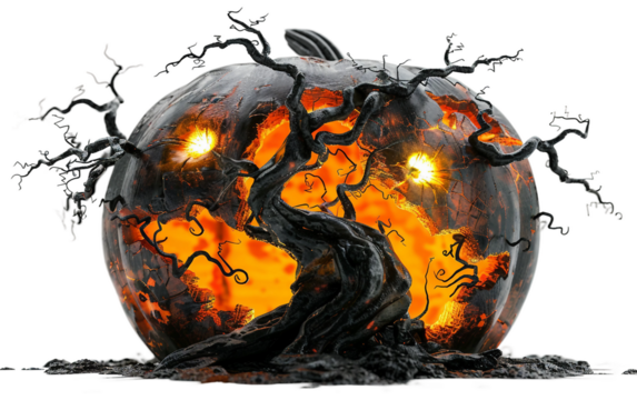 Atmospheric 4D Halloween Pumpkin with a Carved Spooky Castle and Eerie Surroundings Isolated on Transparent Background PNG.