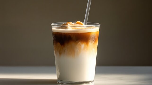 A vanilla iced latte in a clear cup, with layers of coffee and milk visible, served with a straw.
