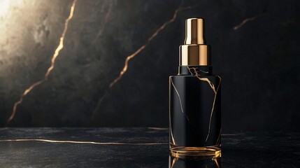 Naklejka premium Black bottle with gold accents on a black marble background.
