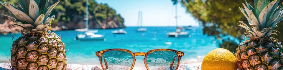 Fototapeta premium Sunglasses on towel with pineapples coastal scene with boats in azure water