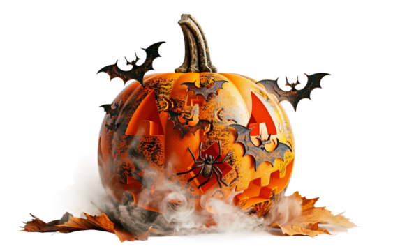Atmospheric 4D Halloween Pumpkin with a Vampire Bat Face Carving and Creepy Design Isolated on Transparent Background PNG.