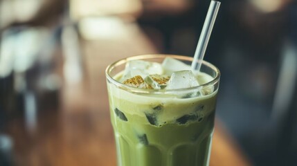 A vanilla-flavored iced matcha latte with a straw, served in a clear glass with ice cubes.