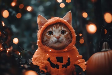 Cat in a pumpkin costume, surrounded by spooky decorations in a dark forest, cat Halloween costume, cute and spooky Halloween concept