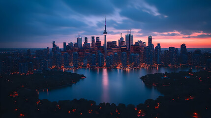 Naklejka premium Aerial view of a cityscape with a lake in the foreground and a sunset sky.