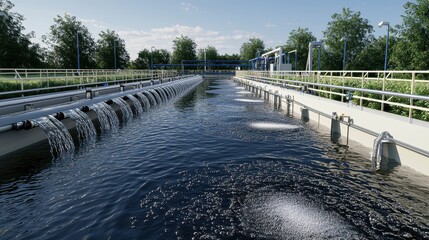Water Treatment Plant   Aeration Basin with Air Bubbles and Water Flow
